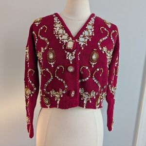 Vintage Women's Michael Simon 1993 Red Bejeweled Rhinestone Cardigan Sweater 1